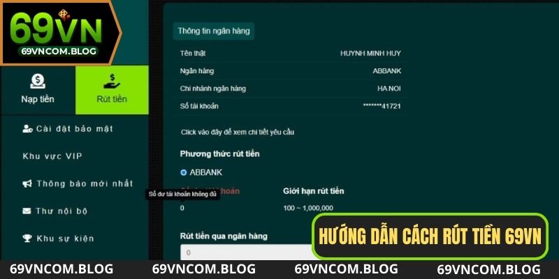 Các bước rút tiền 69VN đơn giản và nhanh chóng